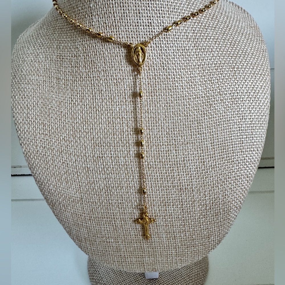 Gold Rosary-Style Cross Y Necklace